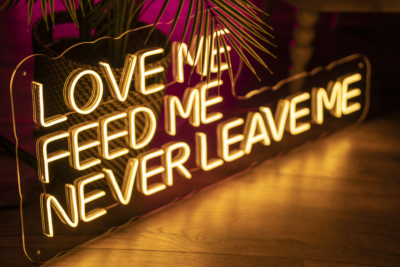 Warm white LED neon sign "Love me, feed me, never leave me"