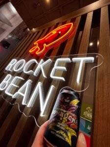 Red rocket and white "Rocket Bean" LED neon logo sign
