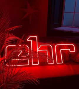 Red LED neon sign with the ehr radio logo