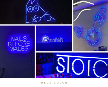 Blue LED neon sign examples for nail salons, cafés and company logos