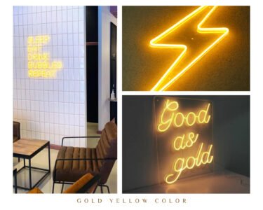 Golden yellow LED neon sign examples: Caffè Torino, Burger Time and more