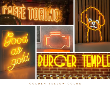 Golden yellow LED neon sign examples: Caffè Torino, Burger Time and more
