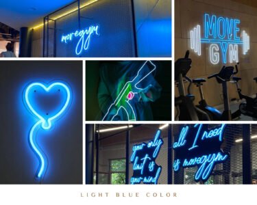 Ice blue LED neon sign examples: heart, gym slogans and logos