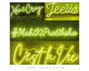 Lemon yellow LED neon sign examples with handwritten names and hashtags