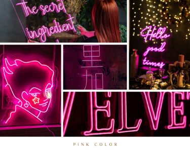 Pink LED neon sign examples: the secret ingredient is love, Velvet and Hello good times