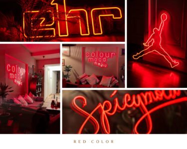 Red LED neon sign examples: logos, Love, jumping figure and Bitter