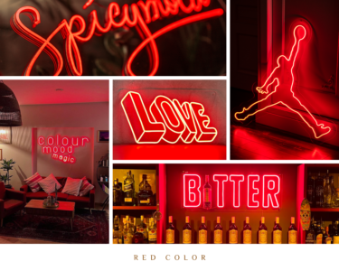Red LED neon sign examples: logos, Love, jumping figure and Bitter