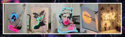 LED neon sign "Is this art?" on a classical bust