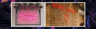 Pink and red LED neon signs on black metal grid backings
