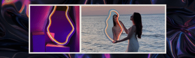 Colourful LED neon outline frames used in a photo shoot