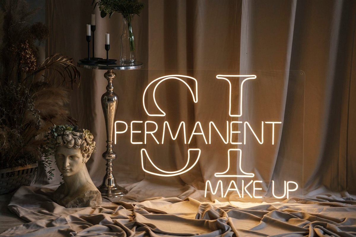 Warm white permanent makeup salon logo LED neon sign on draped fabric