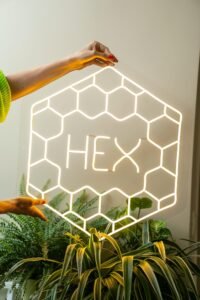 Warm white hexagon "HEX" LED neon sign on clear acrylic